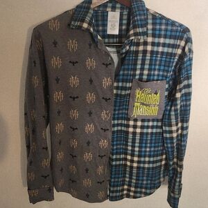 Disney Haunted Mansion Gray and Blue Plaid Men's Shirt XS